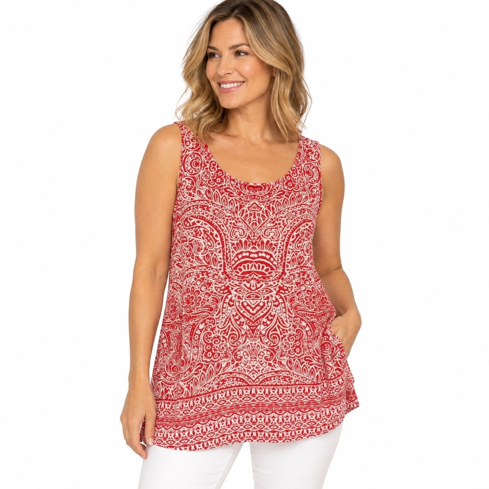 Susan Graver 1X Red White Paisley Sleeveless Tunic Top Boho Relaxed Fit Tank